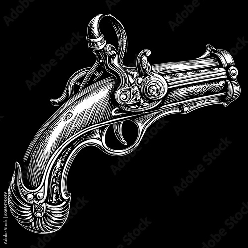 Intricate Vintage Pistol Drawing Handcrafted Historical Weapon Illustration.