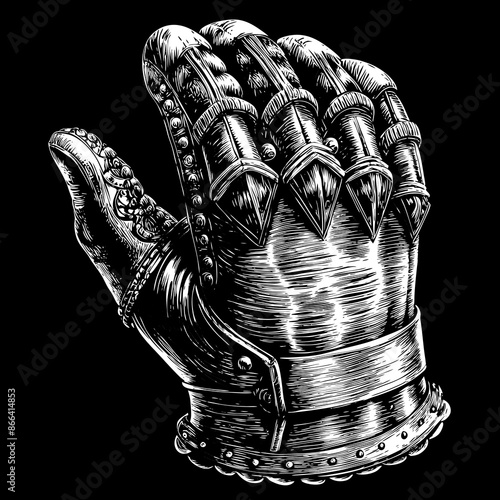 Intricately Detailed Medieval Gauntlet Black and White Hand Drawn Illustration.