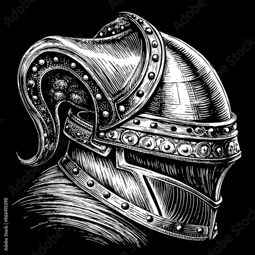 Detailed Black and White Illustration of a Medieval Knight's Helmet with Ornate Design.