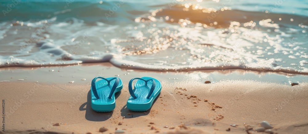 Naklejka premium Flipflops on a sandy shore during summer retreat