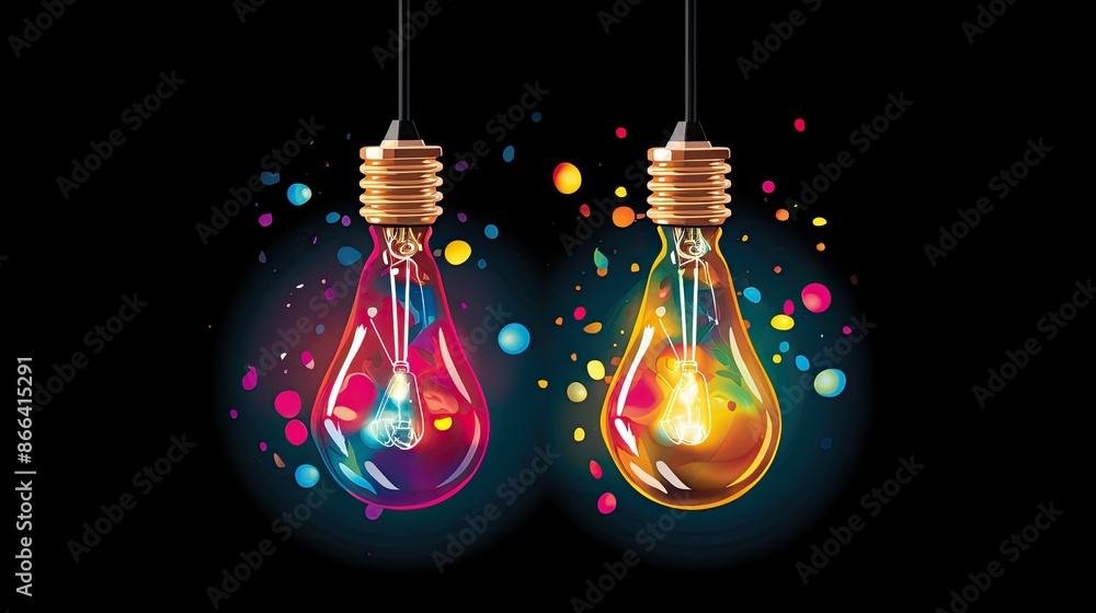Two lightbulbs with colorful paint splashes h Two lightbulbs with colorful paint splashes h