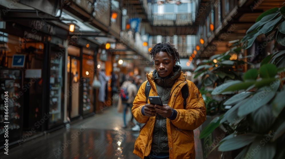 Young Man Wearing Jacket Using Smartphone in Modern Indoor Market Setting Young Man Wearing Jacket Using Smartphone in Modern Indoor Market Setting
