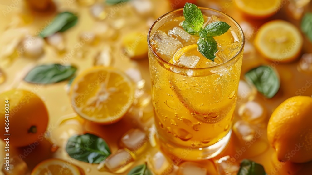 Refreshing iced tea with lemon and mint garnishes, a classic summer beverage. Refreshing iced tea with lemon and mint garnishes, a classic summer beverage.