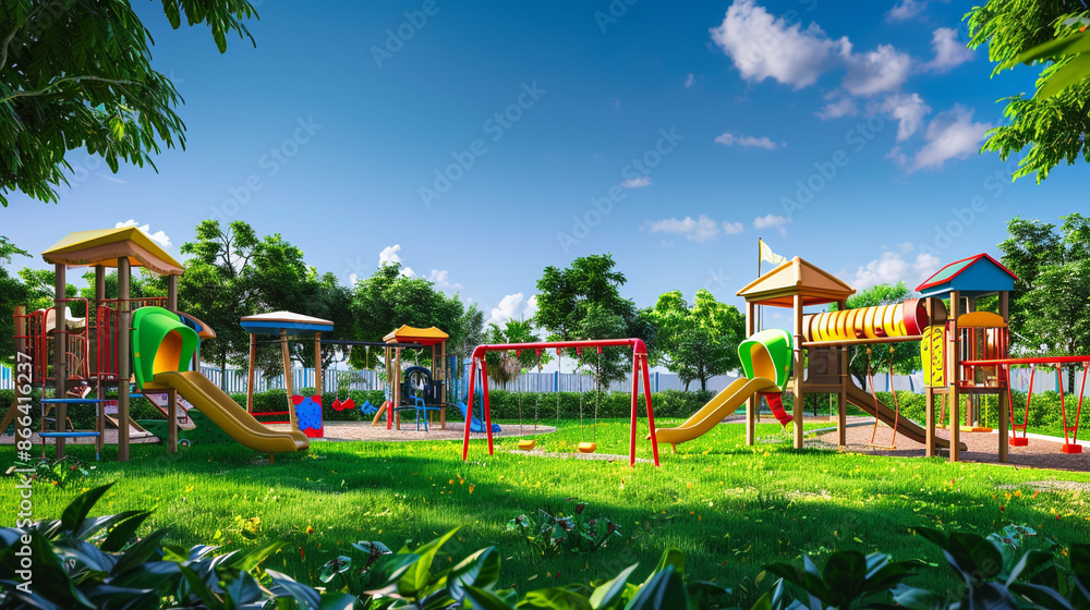 A school playground with brightly colored play structures, swings, and slides, surrounded by lush green grass and a clear blue sky. A school playground with brightly colored play structures, swings, and slides, surrounded by lush green grass and a clear blue sky.