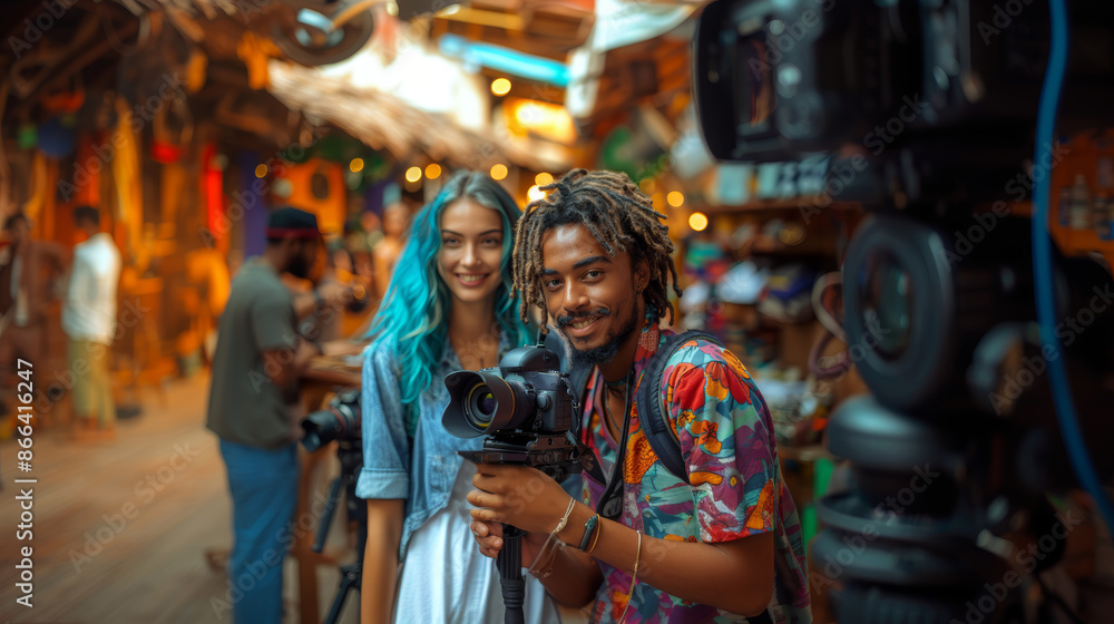 Happy Young Cinematographer Filming with Camera in a Vibrant Market Setting Happy Young Cinematographer Filming with Camera in a Vibrant Market Setting