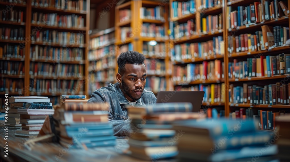 Focused Young Man Studying in a Modern Library with Laptop and Books Focused Young Man Studying in a Modern Library with Laptop and Books