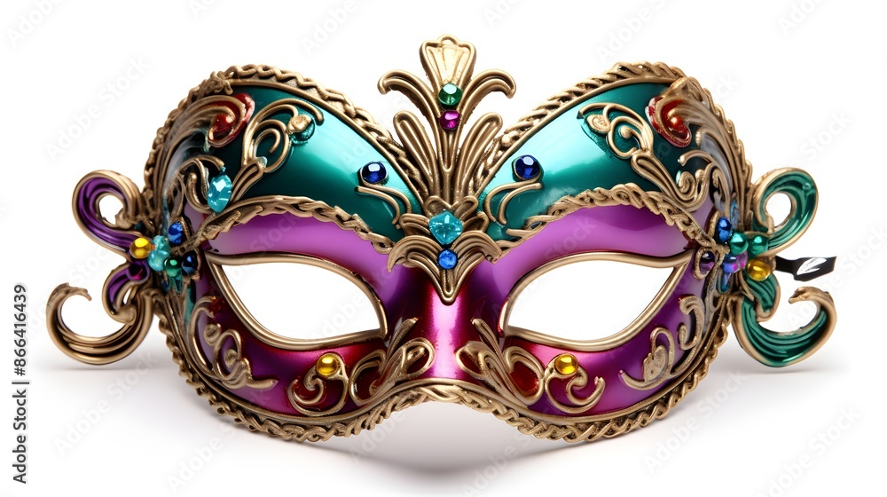 Elegant venetian mask with colorful feathers on white background Elegant venetian mask with colorful feathers on white background