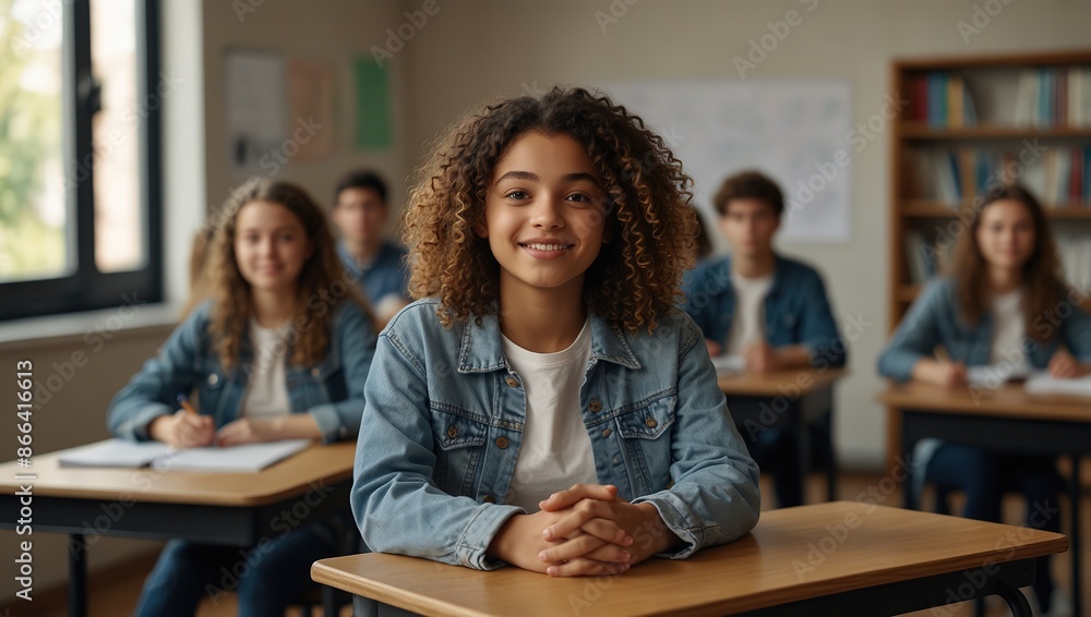 Curly teenage girl raises hand in classroom full of students. She looks engaged, eager to participate in discussion. Diverse group of students in background adds to educational atmosphere Curly teenage girl raises hand in classroom full of students. She looks engaged, eager to participate in discussion. Diverse group of students in background adds to educational atmosphere