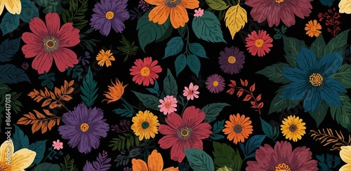 Wallpaper Mural Dark floral background wallpaper design with multicolor flowers and leaves Torontodigital.ca
