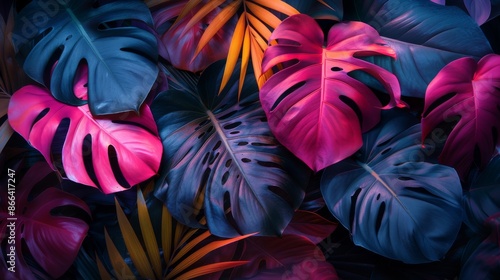 Vibrant tropical leaves in pink, blue, and yellow hues. Tropical plant pattern background. Lush jungle foliage backdrop.