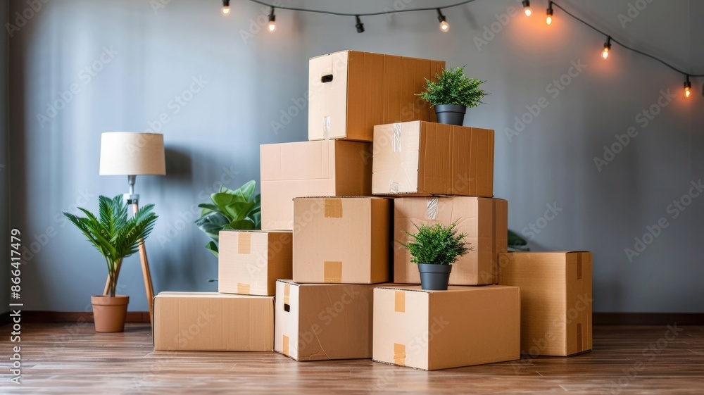 Moving Day, Cardboard Boxes and Plants Ready for a New Home Moving Day, Cardboard Boxes and Plants Ready for a New Home