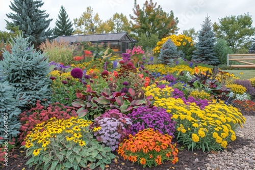 Colorful flower bed with diverse blooms vibrant and cheerful nature scene detailed texture inviting and photogenic photography