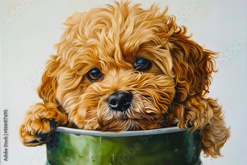 A painting of a brown dog in a green bucket.