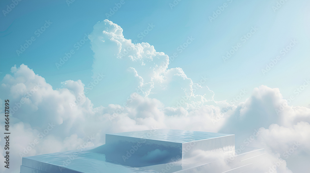 white podium with blue sky and clouds, Minimalistic background with ...