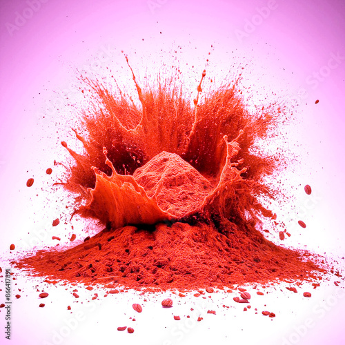 Explosion splash of ground coffee or cocoa powder with freeze isolated on background, pile of splatter of coffee grind dust powder, brown shattered beans.
