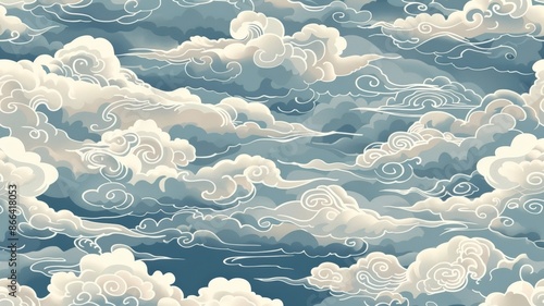 Seamless Pattern of Asian Style Clouds in Blue and White