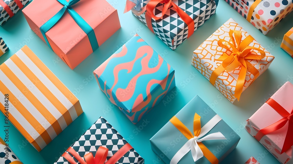 Obraz premium Colorful gift boxes with various patterns and ribbons arranged neatly on a vibrant turquoise background, creating a festive and cheerful atmosphere.