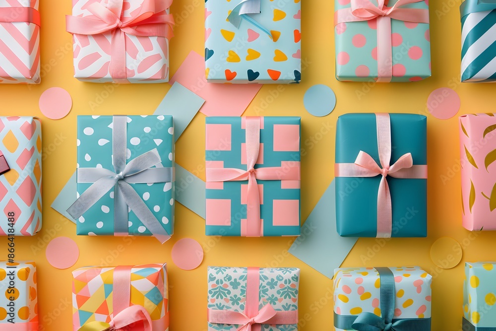 Colorful gift boxes with various patterns and ribbons beautifully ...