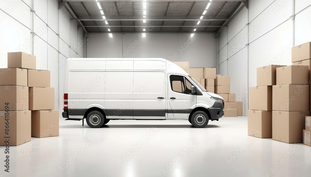A commercial delivery van or box truck, its rear doors open, surrounded by a variety of empty cardboard boxes, inside the warehouse with white glossy floor A commercial delivery van or box truck, its rear doors open, surrounded by a variety of empty cardboard boxes, inside the warehouse with white glossy floor