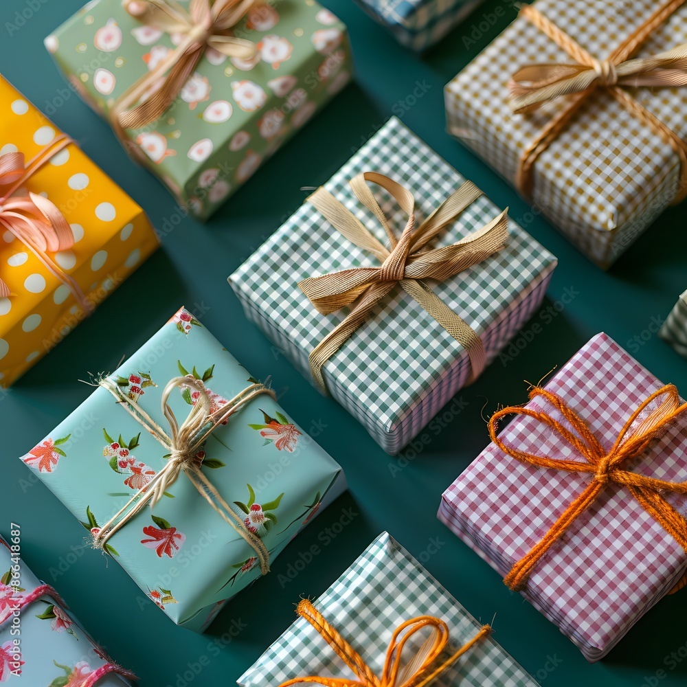 Colorful gift boxes with various wrapping paper and ribbons arranged on a green surface, ideal for festive and celebration themes. Colorful gift boxes with various wrapping paper and ribbons arranged on a green surface, ideal for festive and celebration themes.