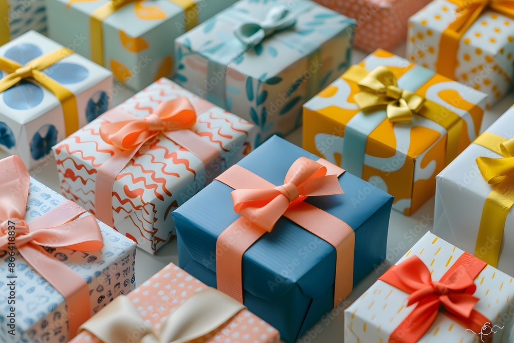 Colorful gifts with bows arranged in rows. Perfect for festive celebrations, birthdays, and special occasions. Bright and cheerful wrapping paper. Colorful gifts with bows arranged in rows. Perfect for festive celebrations, birthdays, and special occasions. Bright and cheerful wrapping paper.