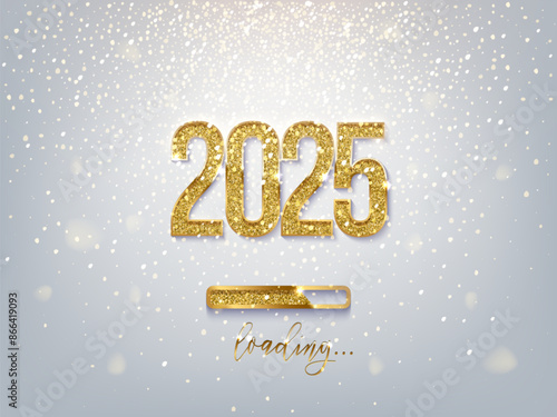 New Year golden loading bar vector illustration. 2025 Year progress with lettering. Party countdown, download screen. Invitation card, banner. Event, holiday expectation. Sparkling glitter background