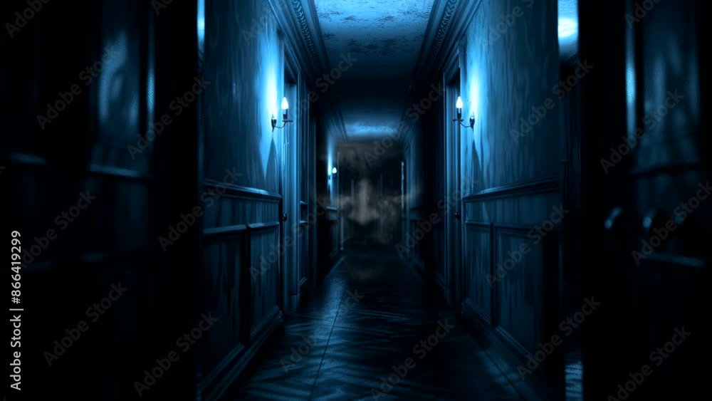 Dimly lit eerie hallway with mysterious atmosphere, horror video background Dimly lit eerie hallway with mysterious atmosphere, horror video background