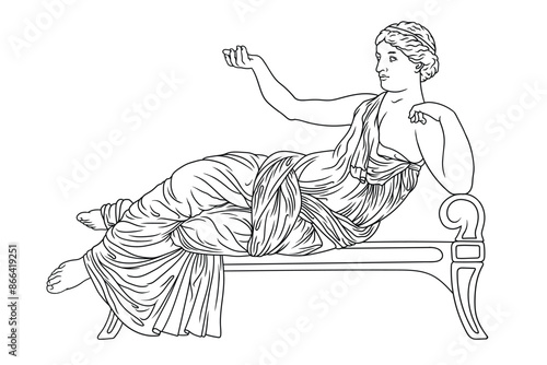 An ancient Greek woman in a tunic lies on the bed and rests. Figure isolated on white background