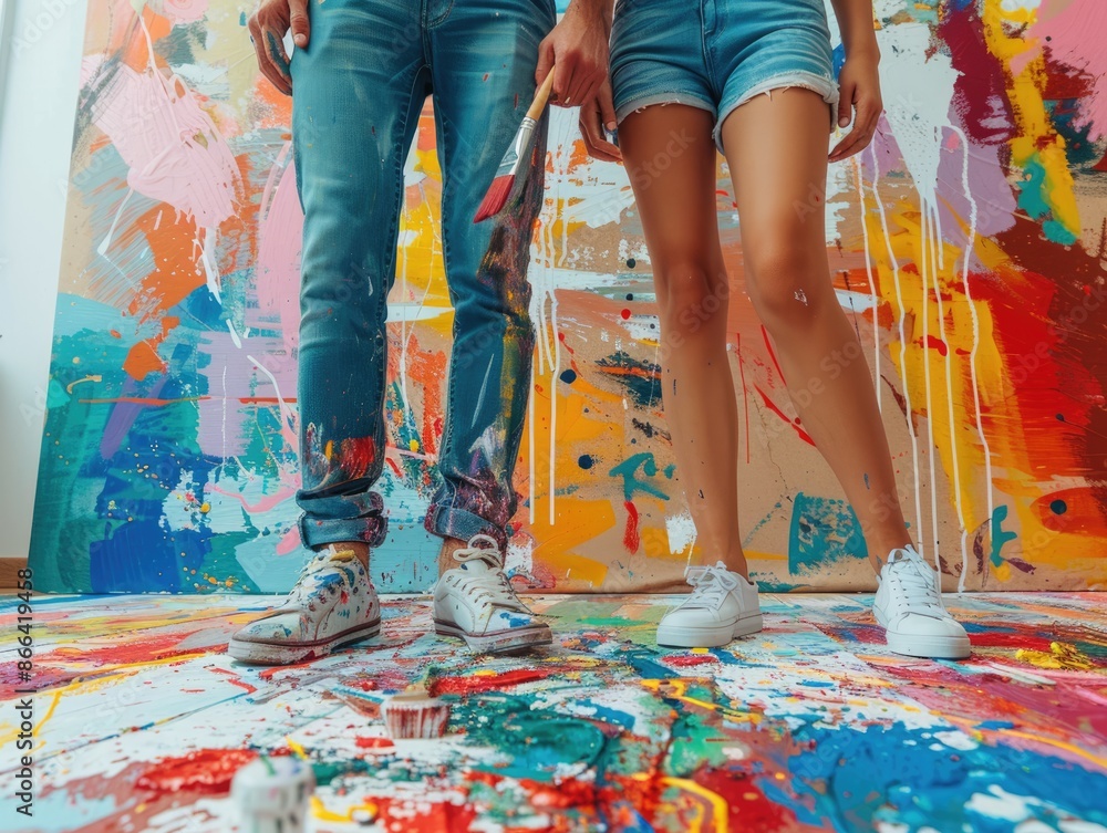 Obraz premium Creative Couple Painting a Colorful Cupboard in Urban Loft Setting with Artistic Splashes and Brushes, Generative Ai