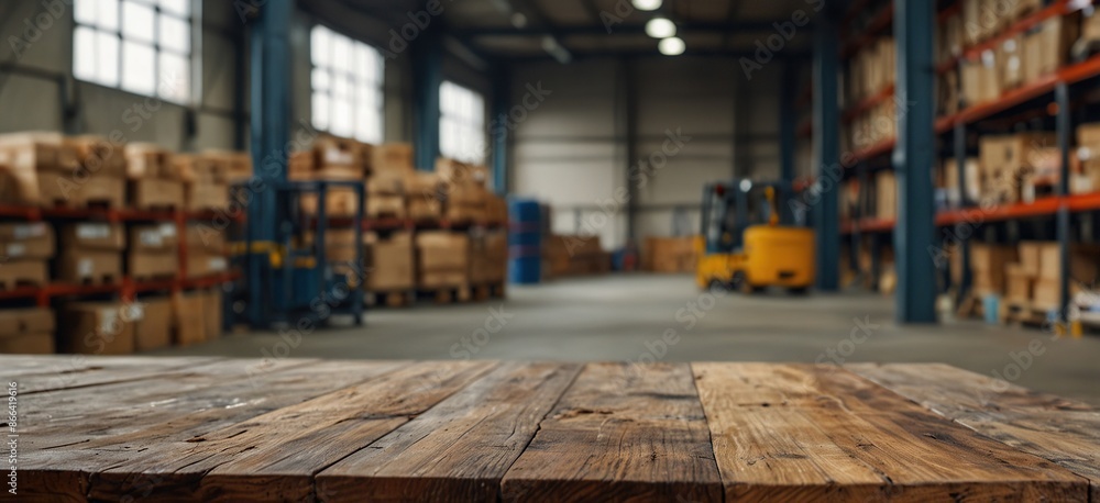 Obraz premium Empty wood table top with blur background of warehouse of factory. The table giving copy space for placing advertising product on the table