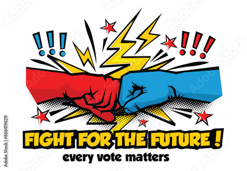 Fight between blue and red fists. Presidential elections, Democrats versus Republicans. Vector in popart style on transparent background