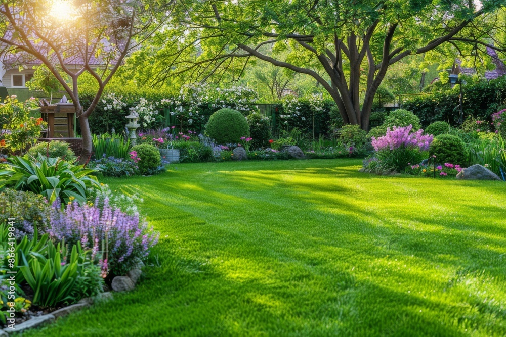 Fototapeta premium Tranquil garden with lush greenery and flowers serene and inviting outdoor scene detailed texture photogenic and vibrant photography