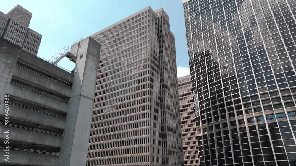 Looking up at modern office building architecture in financial district of Downtown Atlanta, Peachtree Center Looking up at modern office building architecture in financial district of Downtown Atlanta, Peachtree Center
