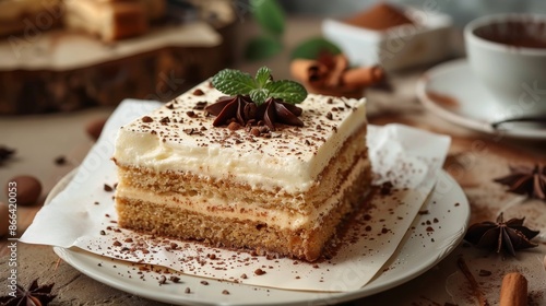 Wallpaper Mural Delicious Tiramisu Dessert with Whipped Cream, Chocolate Shavings and Mint Leaves. Coffee and dessert for food blog or recipe. Torontodigital.ca