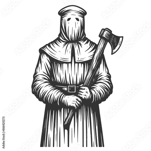  Grim Reaper executioner with Axe sketch engraving generative ai fictional character vector illustration. Scratch board imitation. Black and white image.