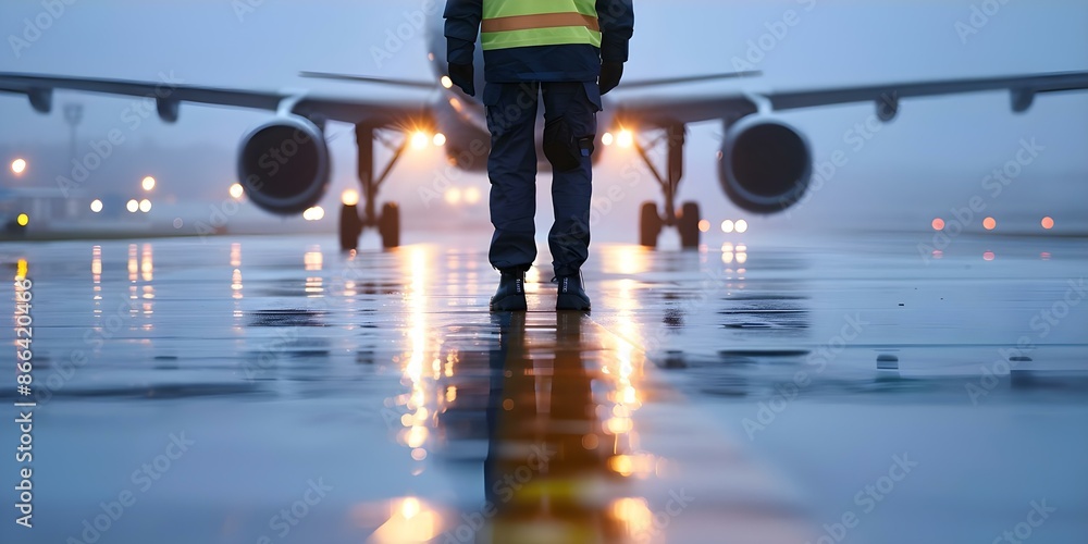 Ground crew member in safety gear inspecting aircraft on wet runway at twilight. Concept Aircraft Inspection, Wet Runway, Ground Crew, Safety Gear, Twilight Lighting Ground crew member in safety gear inspecting aircraft on wet runway at twilight. Concept Aircraft Inspection, Wet Runway, Ground Crew, Safety Gear, Twilight Lighting
