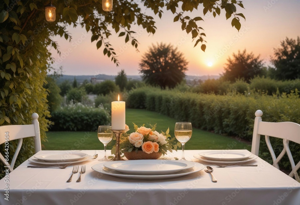 Fototapeta premium A romantic dinner in the garden, sunset moment 