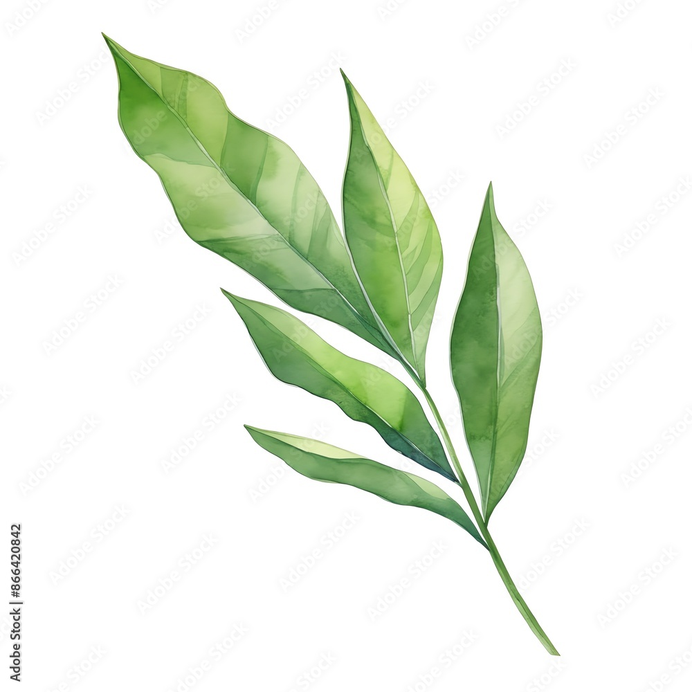 A watercolor of a narrow, lance-shaped ginger leaf. A watercolor of a narrow, lance-shaped ginger leaf.