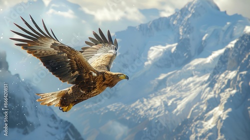 Majestic Eagle Soaring Over Snowy Mountain Peaks in Golden Sunset photo
