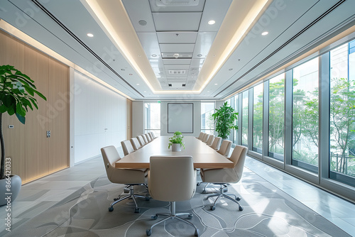 Spacious meeting room with a long conference table and minimalist design, Neutral tones and simple decor for a clean, professional look.