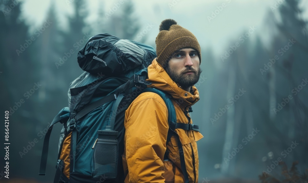 Man with a hiking backpack, looking adventurous Man with a hiking backpack, looking adventurous