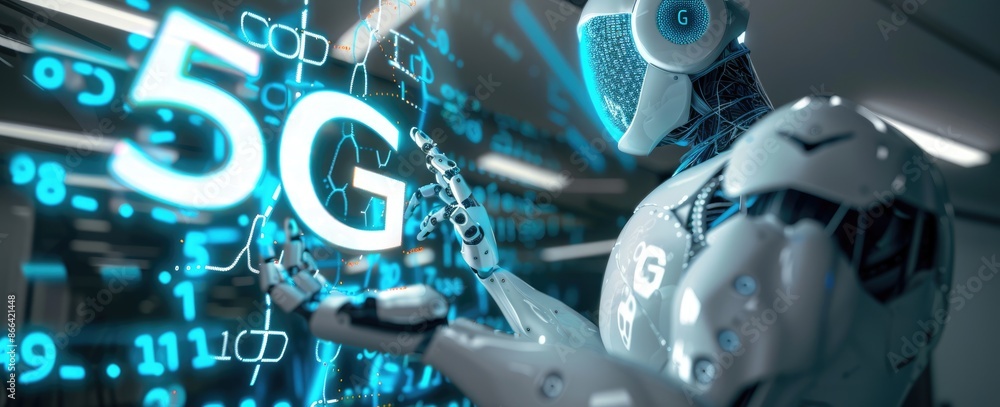 Fototapeta premium Robot Interacting with 5G Technology