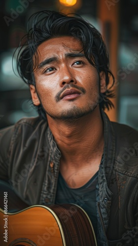 Filipino man with a guitar, looking passionate