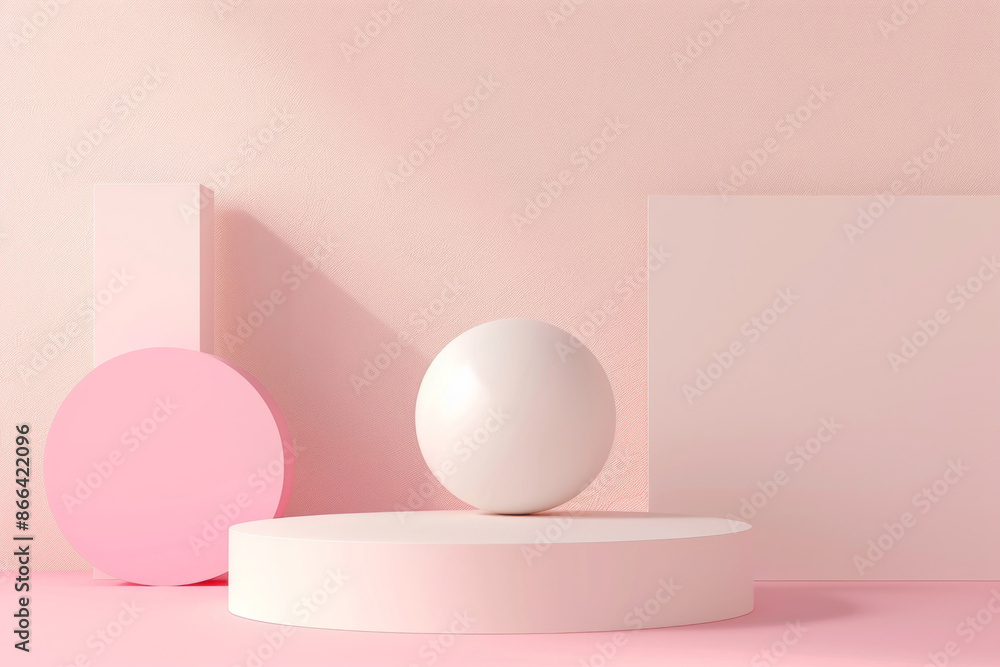 An abstract backdrop with geometric shapes and a podium for product presentation features pastel colors, a round sphere, a flat white cylinder stand on a wall, and pink soft lighting. An abstract backdrop with geometric shapes and a podium for product presentation features pastel colors, a round sphere, a flat white cylinder stand on a wall, and pink soft lighting.