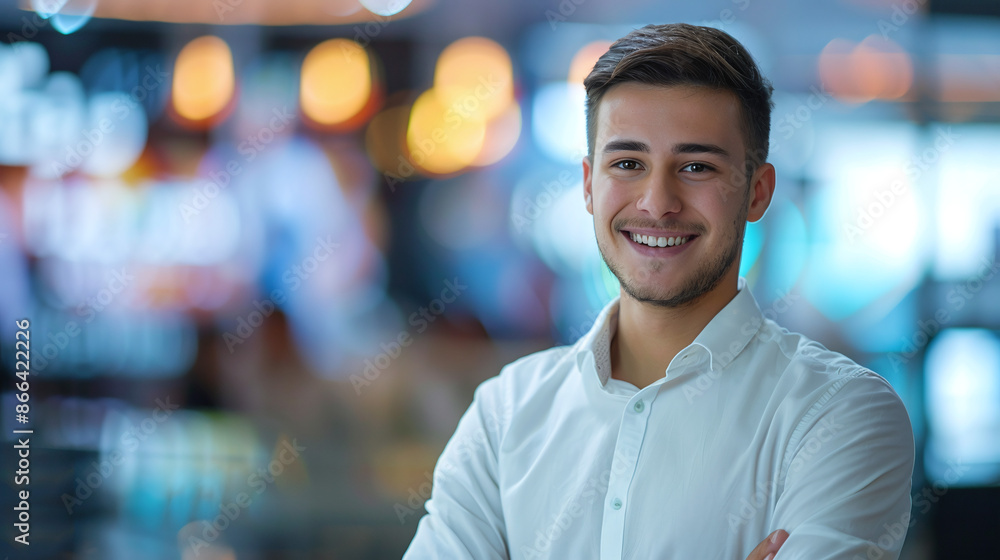 Fototapeta premium Smiling young man news anchor in white shirt against TV studio background