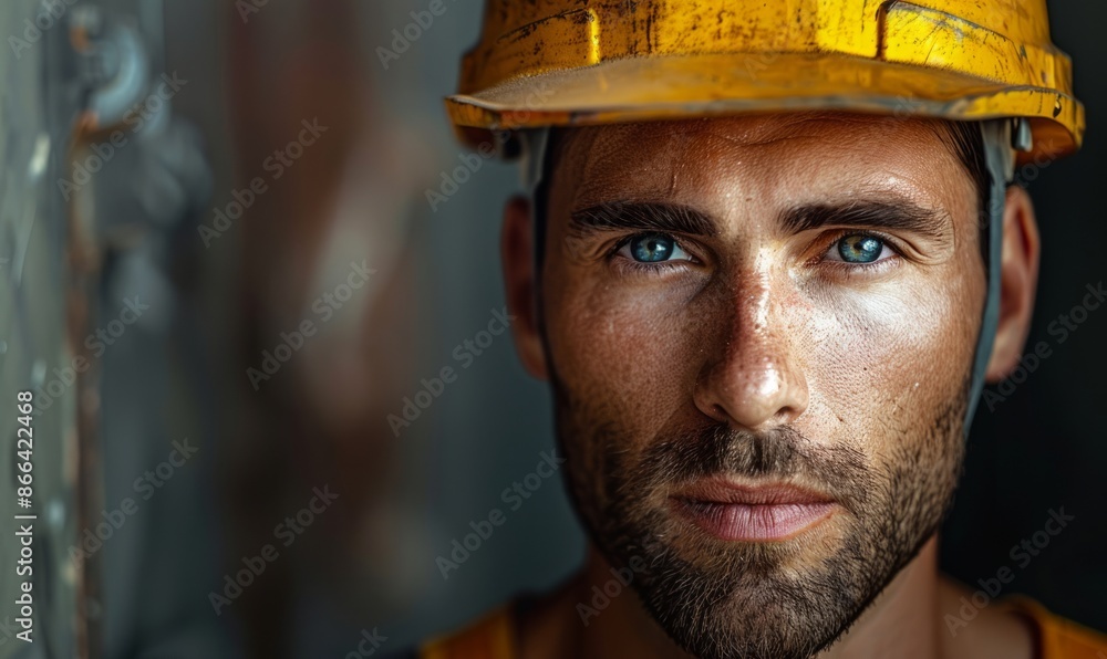Man with a construction helmet, looking determined Man with a construction helmet, looking determined