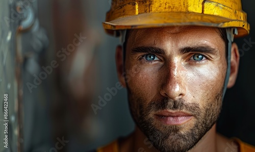 Man with a construction helmet, looking determined © Станіслав Козаков