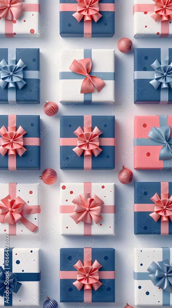 Obraz premium Festive gift boxes adorned with ribbons in blue and pink. Perfect for holidays, birthdays, or celebrations. Stylish and elegant design.