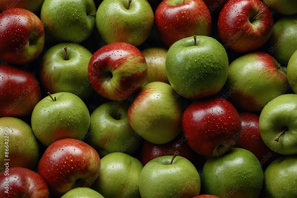 Fresh ripe red and green apples as background, top view