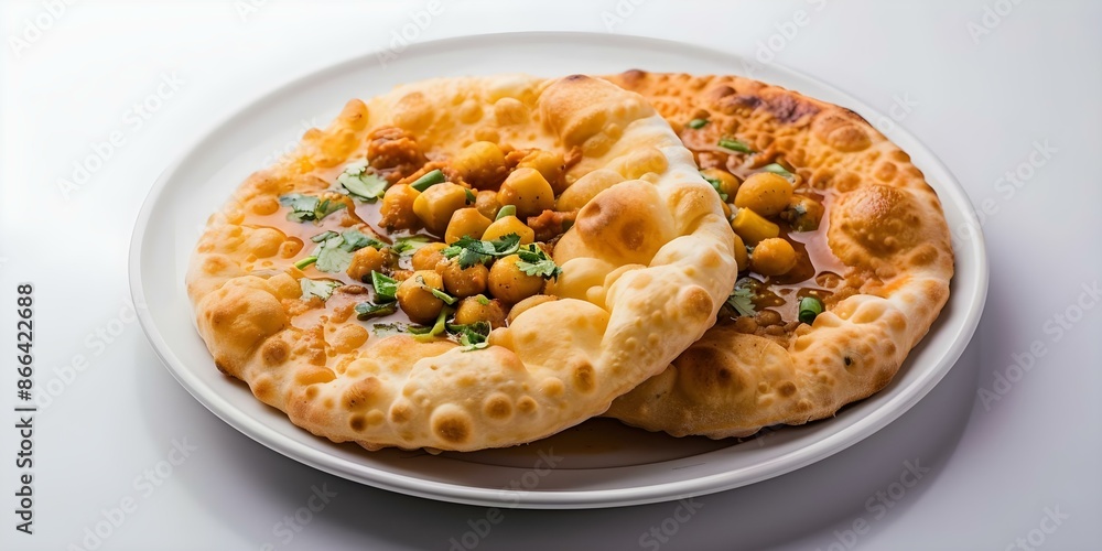 Indian dish chole bhature on white background isolated. Concept Food Photography, Indian Cuisine, Chole Bhature, White Background, Isolated Shot Indian dish chole bhature on white background isolated. Concept Food Photography, Indian Cuisine, Chole Bhature, White Background, Isolated Shot